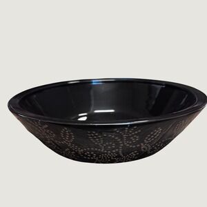 Boho Black Glossy Ceramic Serving Bowl Textured Dotted Floral Pattern 11.5 inch